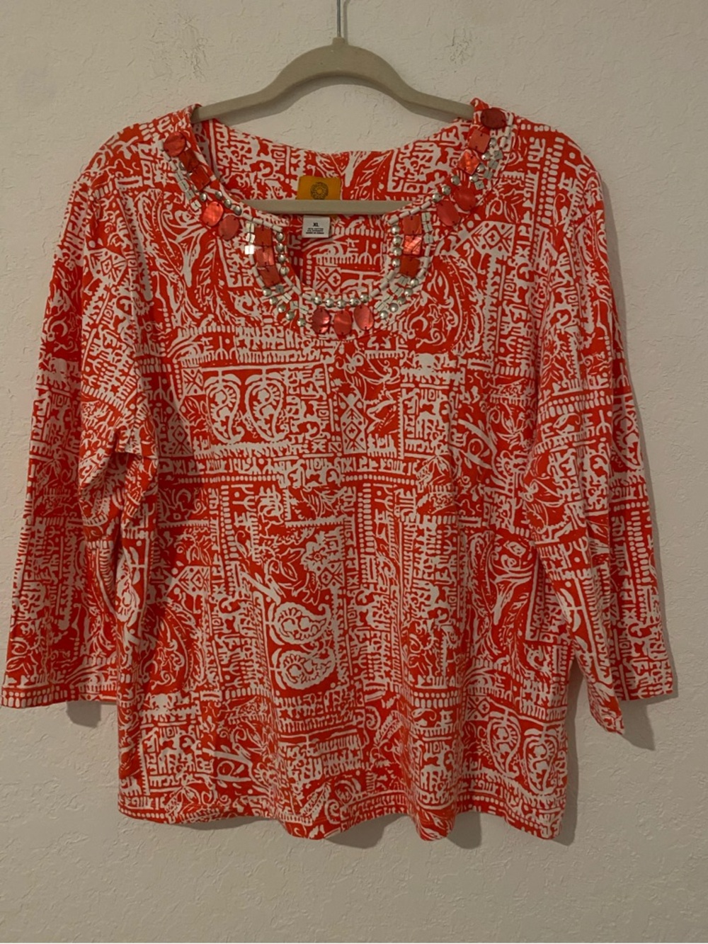 Ruby Rd. Coral & White Long Sleeve Embellished Print Tee